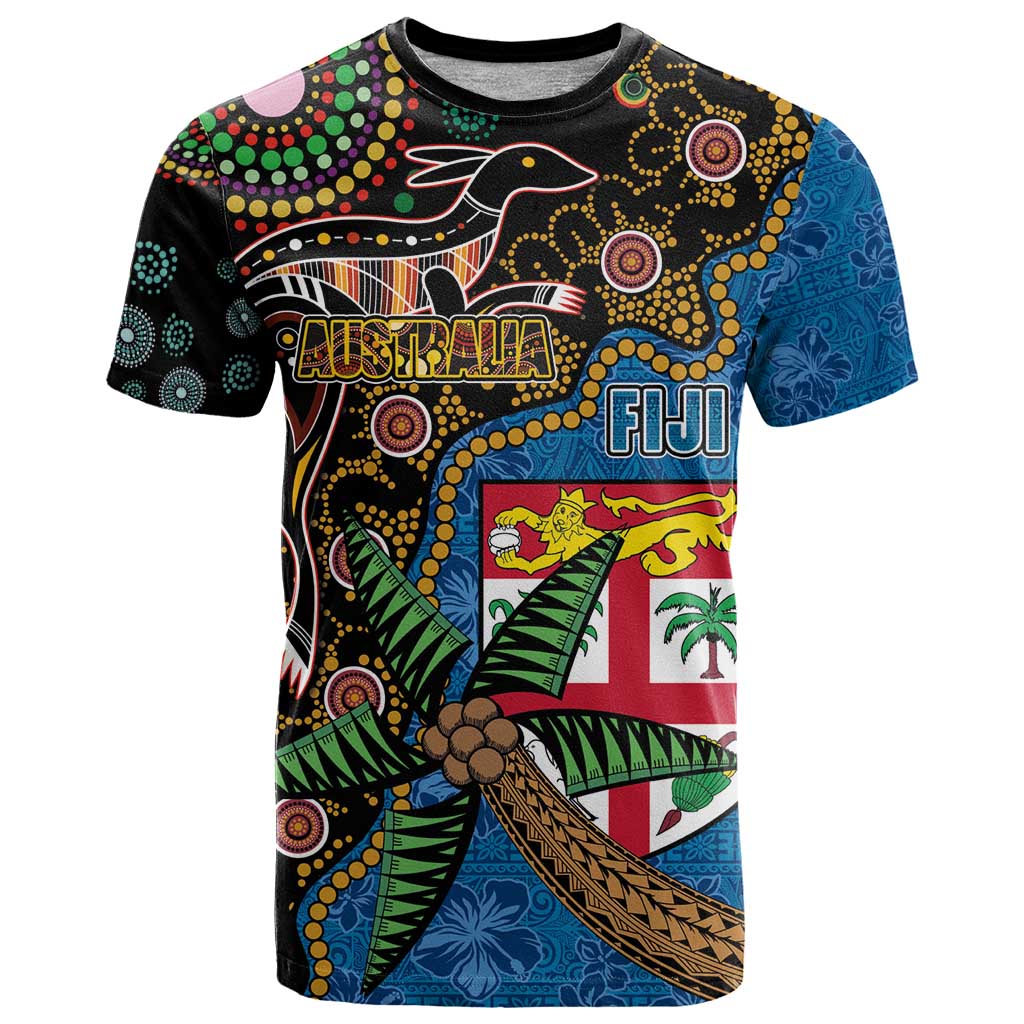 Fijian and Australian Culture Together T Shirt Aboriginal Art and Tapa Motifs with Kangaroo and Palm Tree LT03 Black - Polynesian Pride
