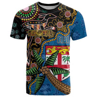 Fijian and Australian Culture Together T Shirt Aboriginal Art and Tapa Motifs with Kangaroo and Palm Tree LT03 Black - Polynesian Pride