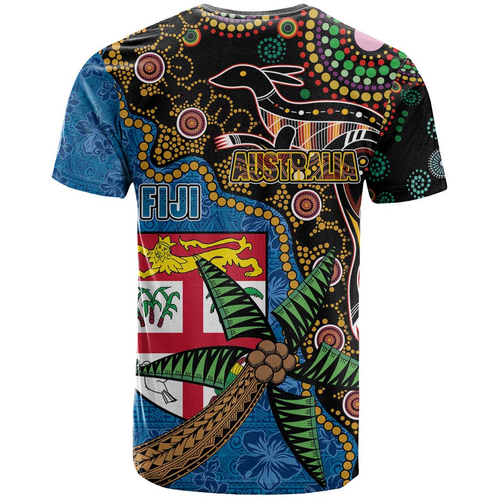 Fijian and Australian Culture Together T Shirt Aboriginal Art and Tapa Motifs with Kangaroo and Palm Tree LT03 - Polynesian Pride