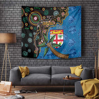 Fijian and Australian Culture Together Tapestry Aboriginal Art and Tapa Motifs with Kangaroo and Palm Tree LT03 Black - Polynesian Pride