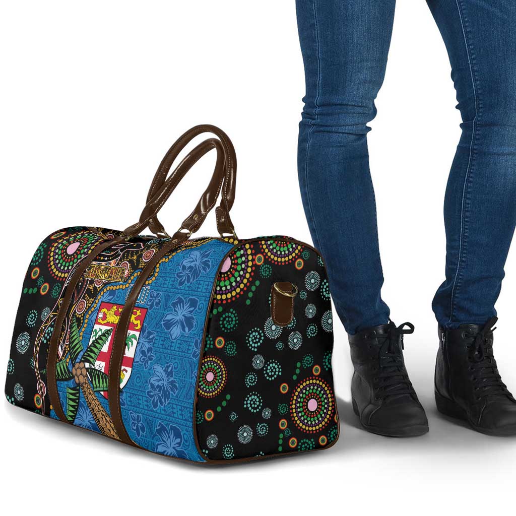 Fijian and Australian Culture Together Travel Bag Aboriginal Art and Tapa Motifs with Kangaroo and Palm Tree LT03 - Polynesian Pride