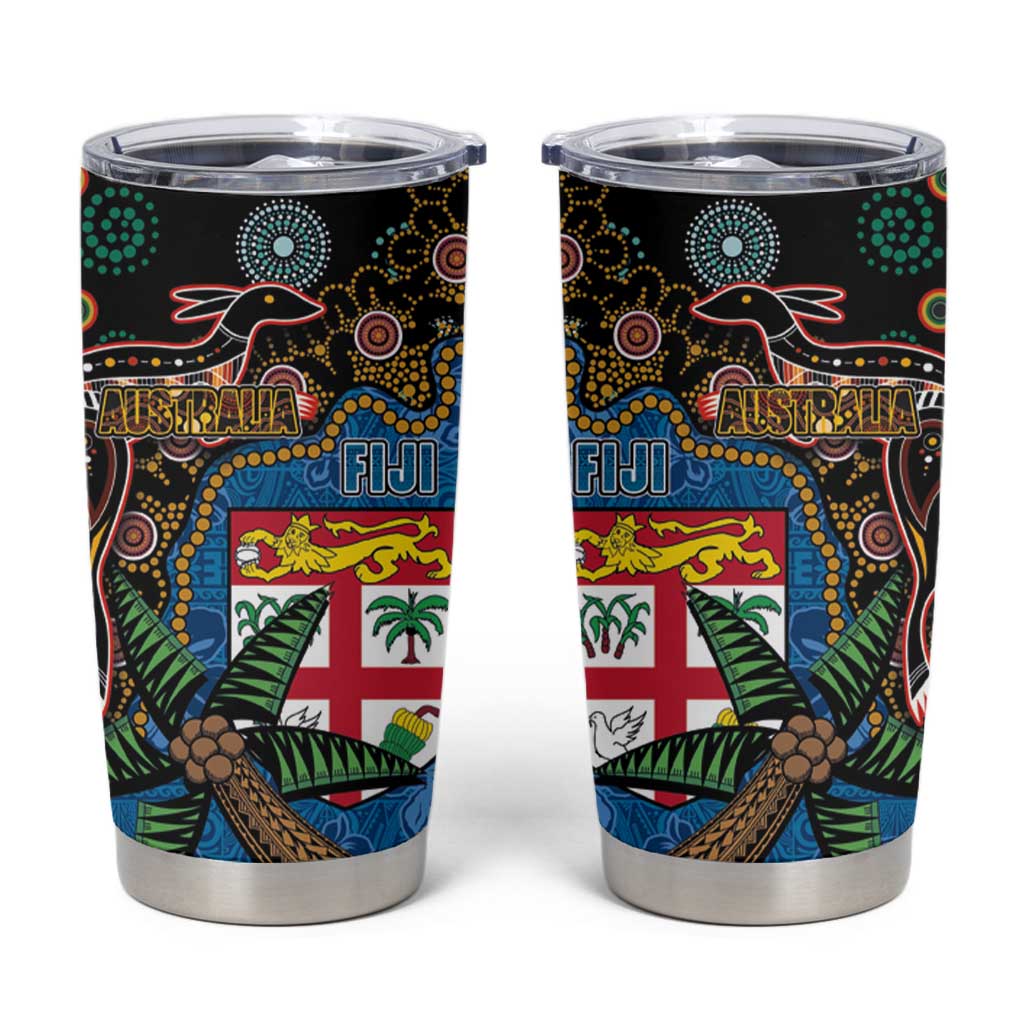 Fijian and Australian Culture Together Tumbler Cup Aboriginal Art and Tapa Motifs with Kangaroo and Palm Tree LT03 Black - Polynesian Pride