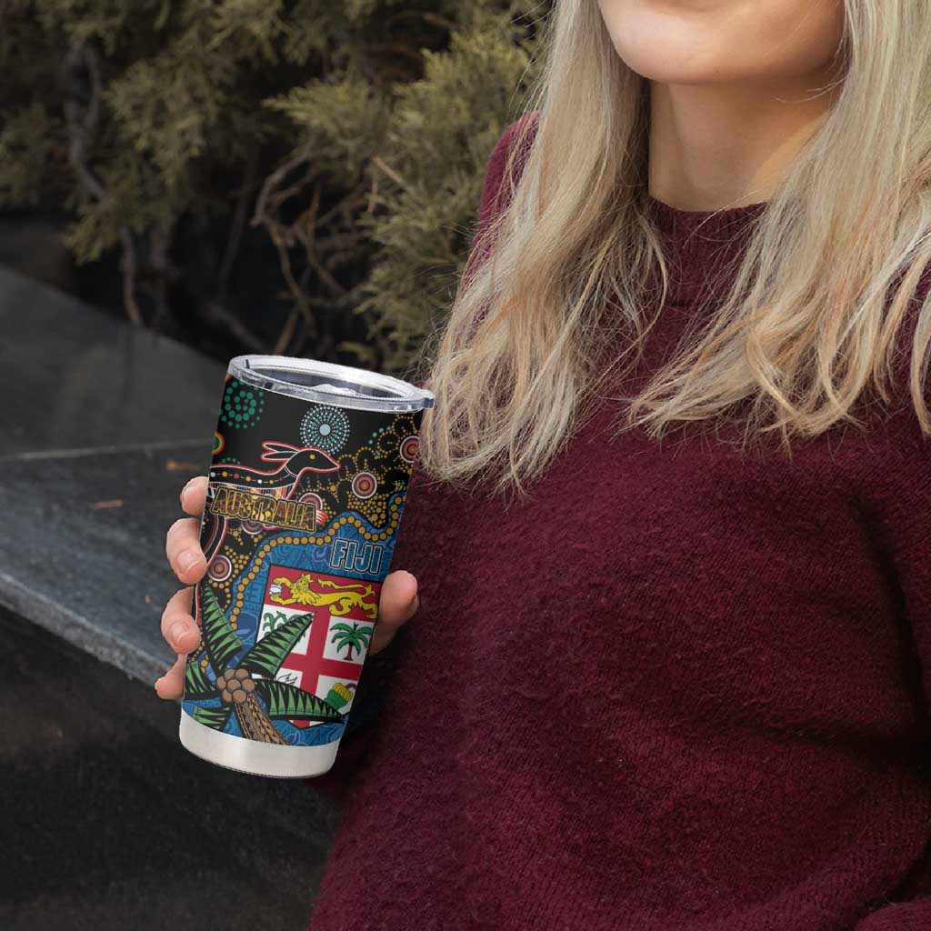 Fijian and Australian Culture Together Tumbler Cup Aboriginal Art and Tapa Motifs with Kangaroo and Palm Tree LT03 - Polynesian Pride
