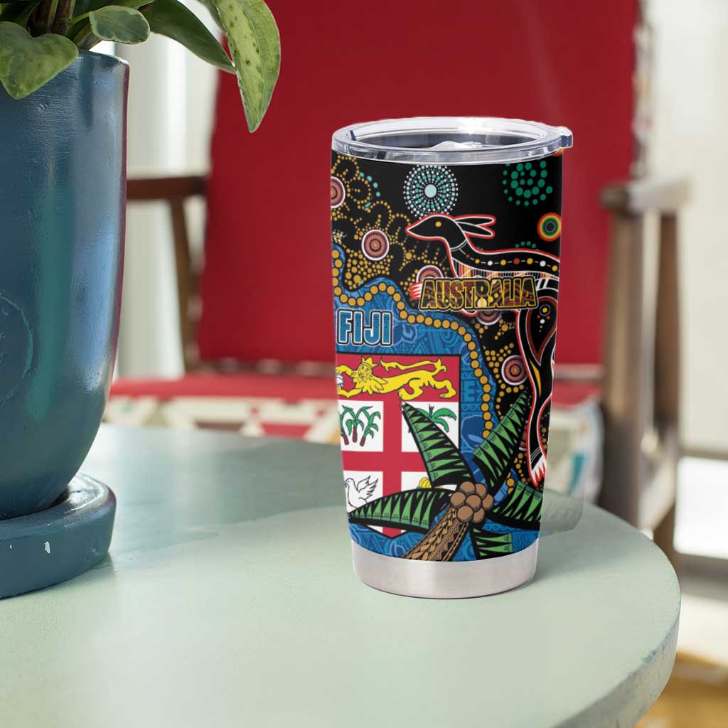 Fijian and Australian Culture Together Tumbler Cup Aboriginal Art and Tapa Motifs with Kangaroo and Palm Tree LT03 - Polynesian Pride