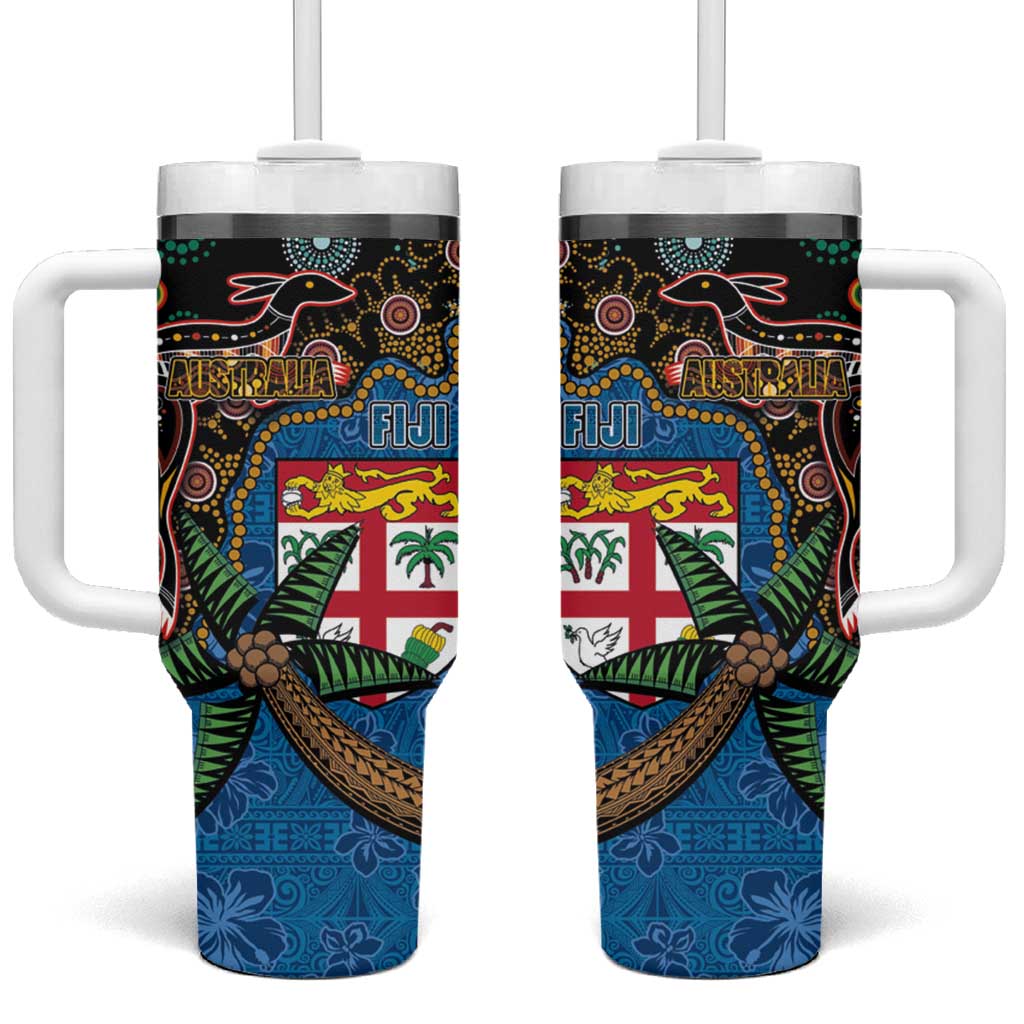 Fijian and Australian Culture Together Tumbler With Handle Aboriginal Art and Tapa Motifs with Kangaroo and Palm Tree LT03 One Size: 40 oz Black - Polynesian Pride
