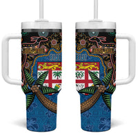 Fijian and Australian Culture Together Tumbler With Handle Aboriginal Art and Tapa Motifs with Kangaroo and Palm Tree LT03 One Size: 40 oz Black - Polynesian Pride