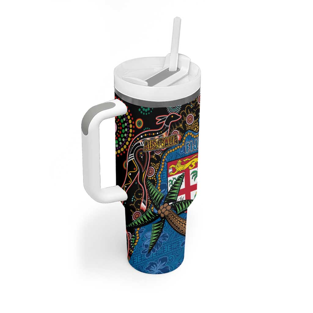 Fijian and Australian Culture Together Tumbler With Handle Aboriginal Art and Tapa Motifs with Kangaroo and Palm Tree LT03 - Polynesian Pride