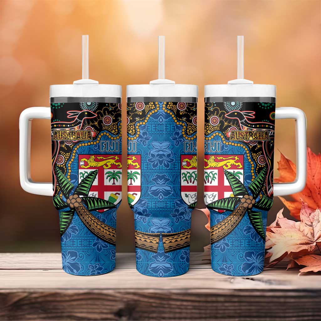 Fijian and Australian Culture Together Tumbler With Handle Aboriginal Art and Tapa Motifs with Kangaroo and Palm Tree LT03 - Polynesian Pride