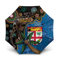 Fijian and Australian Culture Together Umbrella Aboriginal Art and Tapa Motifs with Kangaroo and Palm Tree LT03 One Size Folded 11.42 inch Opened Diameter 37.4 inch Black - Polynesian Pride
