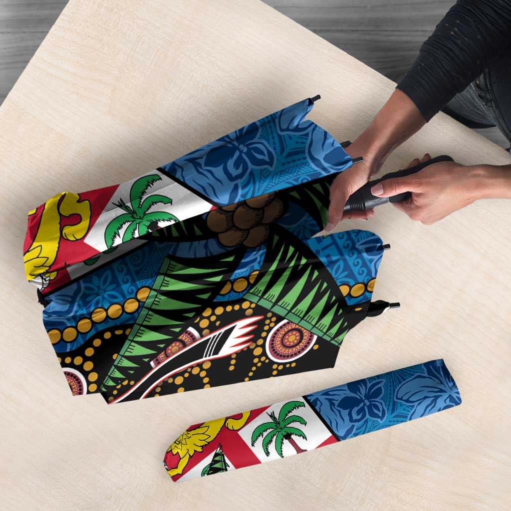 Fijian and Australian Culture Together Umbrella Aboriginal Art and Tapa Motifs with Kangaroo and Palm Tree LT03 - Polynesian Pride