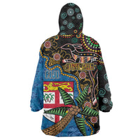 Fijian and Australian Culture Together Wearable Blanket Hoodie Aboriginal Art and Tapa Motifs with Kangaroo and Palm Tree LT03 - Polynesian Pride