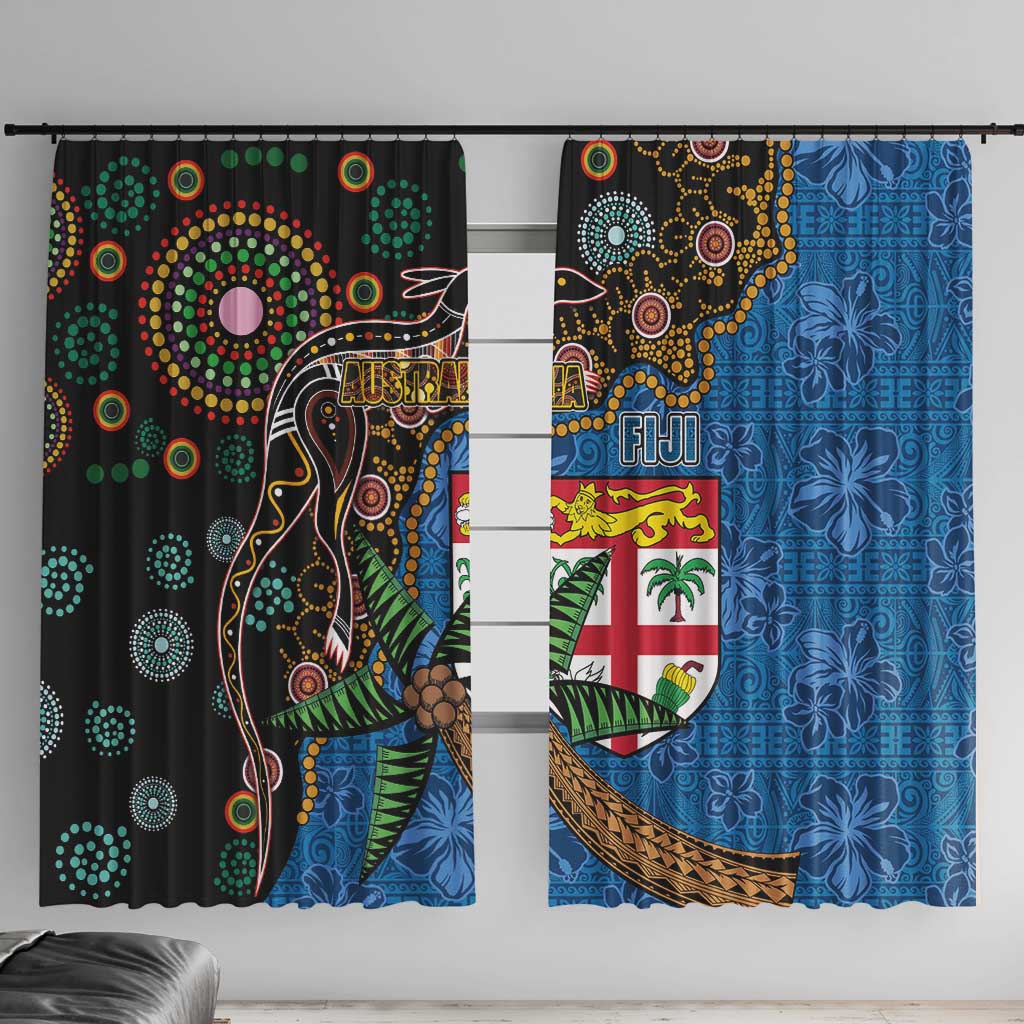 Fijian and Australian Culture Together Window Curtain Aboriginal Art and Tapa Motifs with Kangaroo and Palm Tree LT03 With Hooks Black - Polynesian Pride