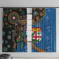 Fijian and Australian Culture Together Window Curtain Aboriginal Art and Tapa Motifs with Kangaroo and Palm Tree LT03 With Hooks Black - Polynesian Pride