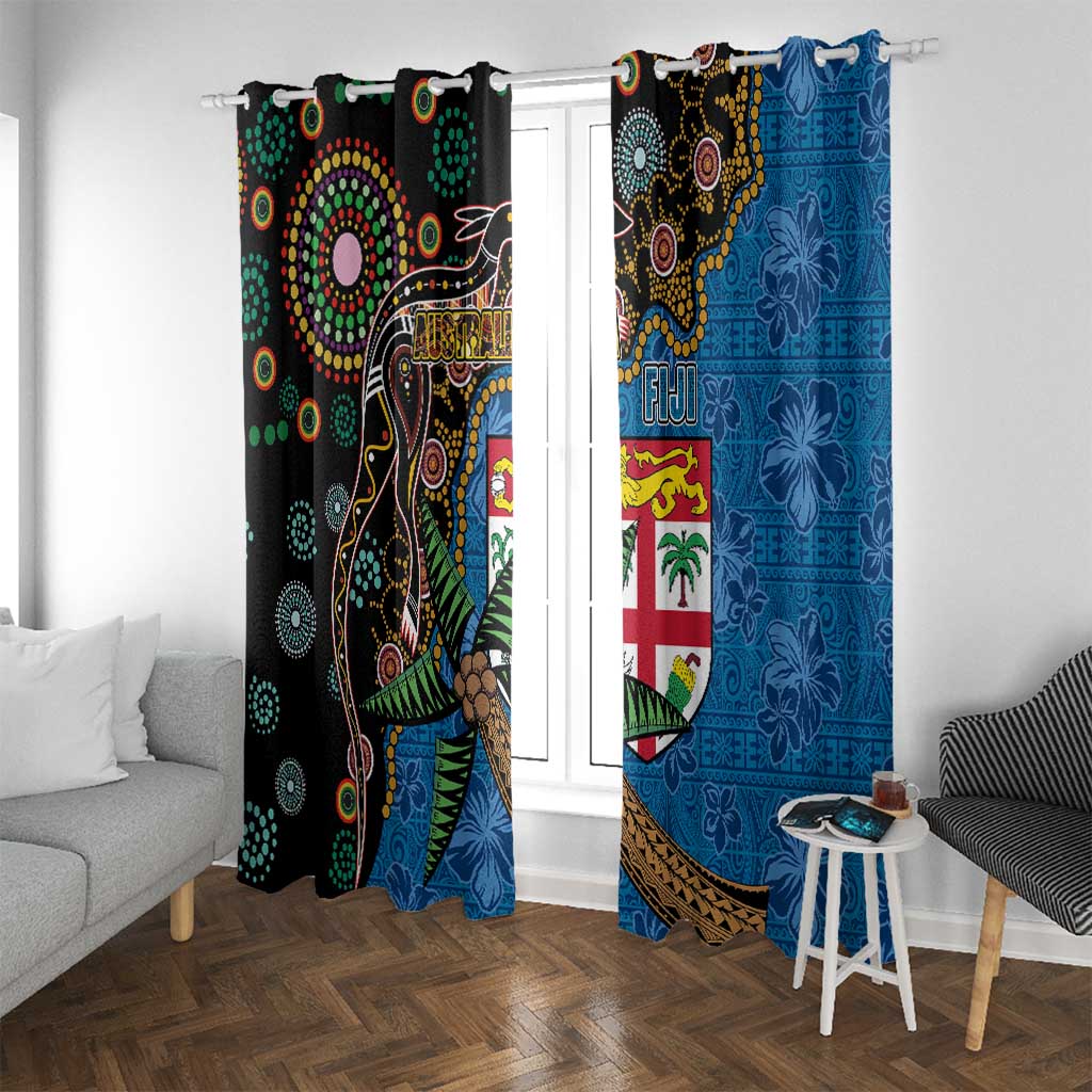 Fijian and Australian Culture Together Window Curtain Aboriginal Art and Tapa Motifs with Kangaroo and Palm Tree LT03 With Grommets Black - Polynesian Pride