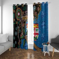 Fijian and Australian Culture Together Window Curtain Aboriginal Art and Tapa Motifs with Kangaroo and Palm Tree LT03 With Grommets Black - Polynesian Pride