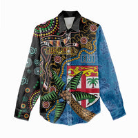 Fijian and Australian Culture Together Women Casual Shirt Aboriginal Art and Tapa Motifs with Kangaroo and Palm Tree LT03 - Polynesian Pride