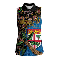 Fijian and Australian Culture Together Women Sleeveless Polo Shirt Aboriginal Art and Tapa Motifs with Kangaroo and Palm Tree LT03 Female Black - Polynesian Pride