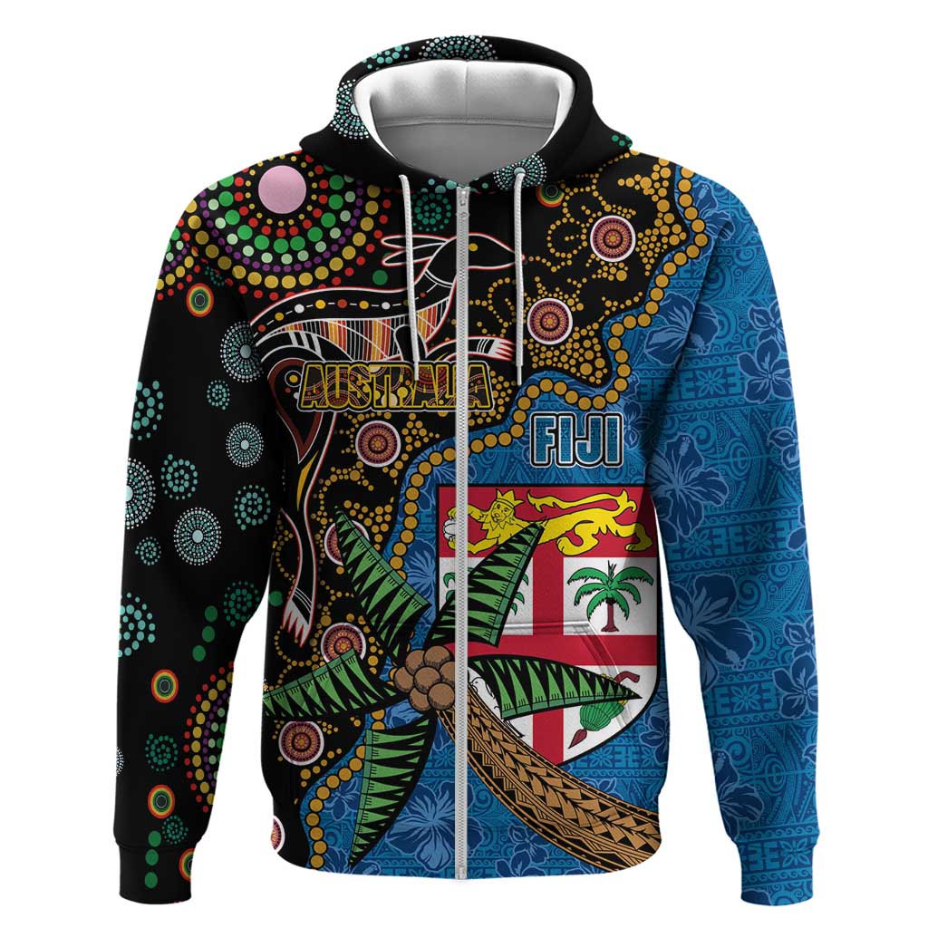 Fijian and Australian Culture Together Zip Hoodie Aboriginal Art and Tapa Motifs with Kangaroo and Palm Tree LT03 Zip Hoodie Black - Polynesian Pride