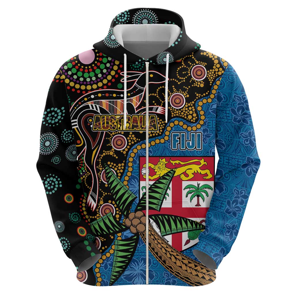 Fijian and Australian Culture Together Zip Hoodie Aboriginal Art and Tapa Motifs with Kangaroo and Palm Tree LT03 - Polynesian Pride