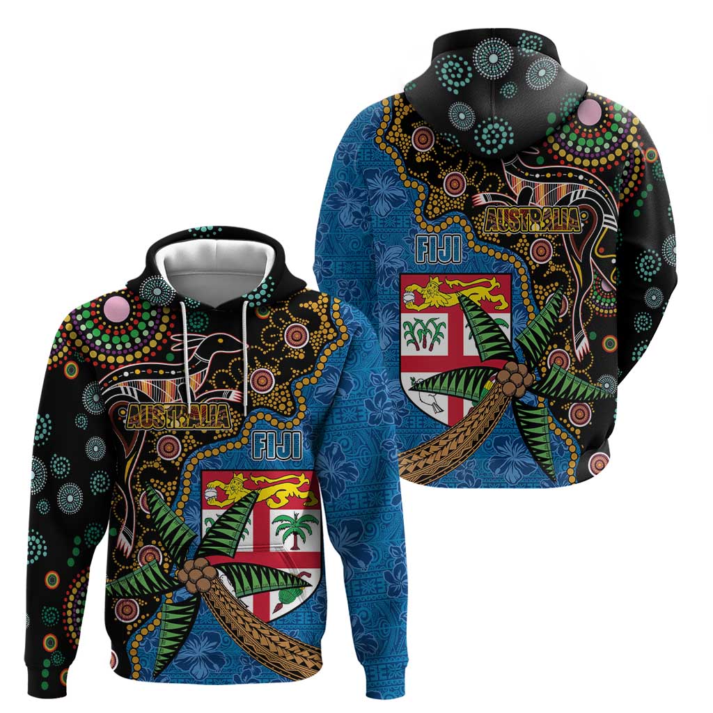 Fijian and Australian Culture Together Zip Hoodie Aboriginal Art and Tapa Motifs with Kangaroo and Palm Tree LT03 - Polynesian Pride