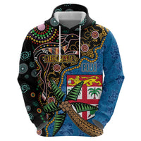 Fijian and Australian Culture Together Zip Hoodie Aboriginal Art and Tapa Motifs with Kangaroo and Palm Tree LT03 - Polynesian Pride