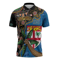 Fijian and Australian Culture Together Zipper Polo Shirt Aboriginal Art and Tapa Motifs with Kangaroo and Palm Tree LT03 Black - Polynesian Pride