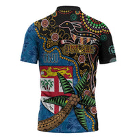 Fijian and Australian Culture Together Zipper Polo Shirt Aboriginal Art and Tapa Motifs with Kangaroo and Palm Tree LT03 - Polynesian Pride