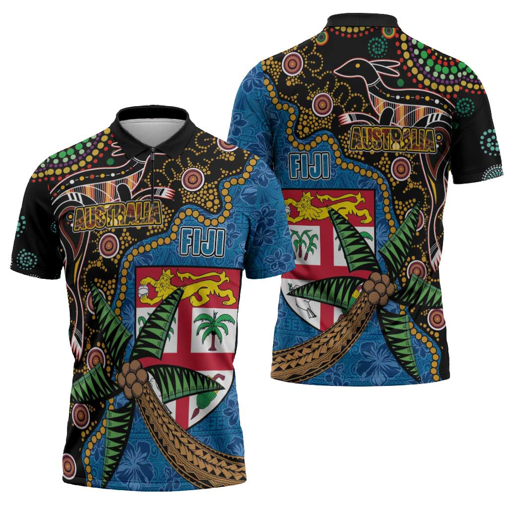 Fijian and Australian Culture Together Zipper Polo Shirt Aboriginal Art and Tapa Motifs with Kangaroo and Palm Tree LT03 - Polynesian Pride