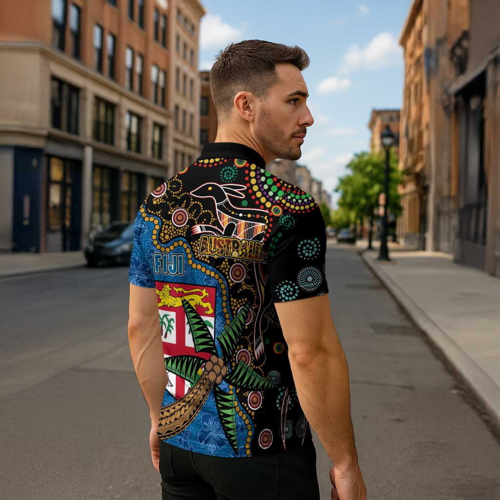Fijian and Australian Culture Together Zipper Polo Shirt Aboriginal Art and Tapa Motifs with Kangaroo and Palm Tree LT03 - Polynesian Pride