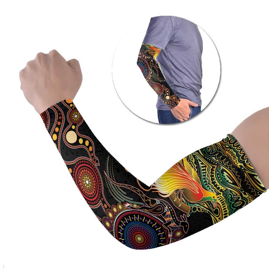 Papua New Guinea and Australia Together Arm Sleeves Bird of Paradise and Kangaroo Melanesian Aboriginal Motifs LT03 Set of 2 Black - Polynesian Pride