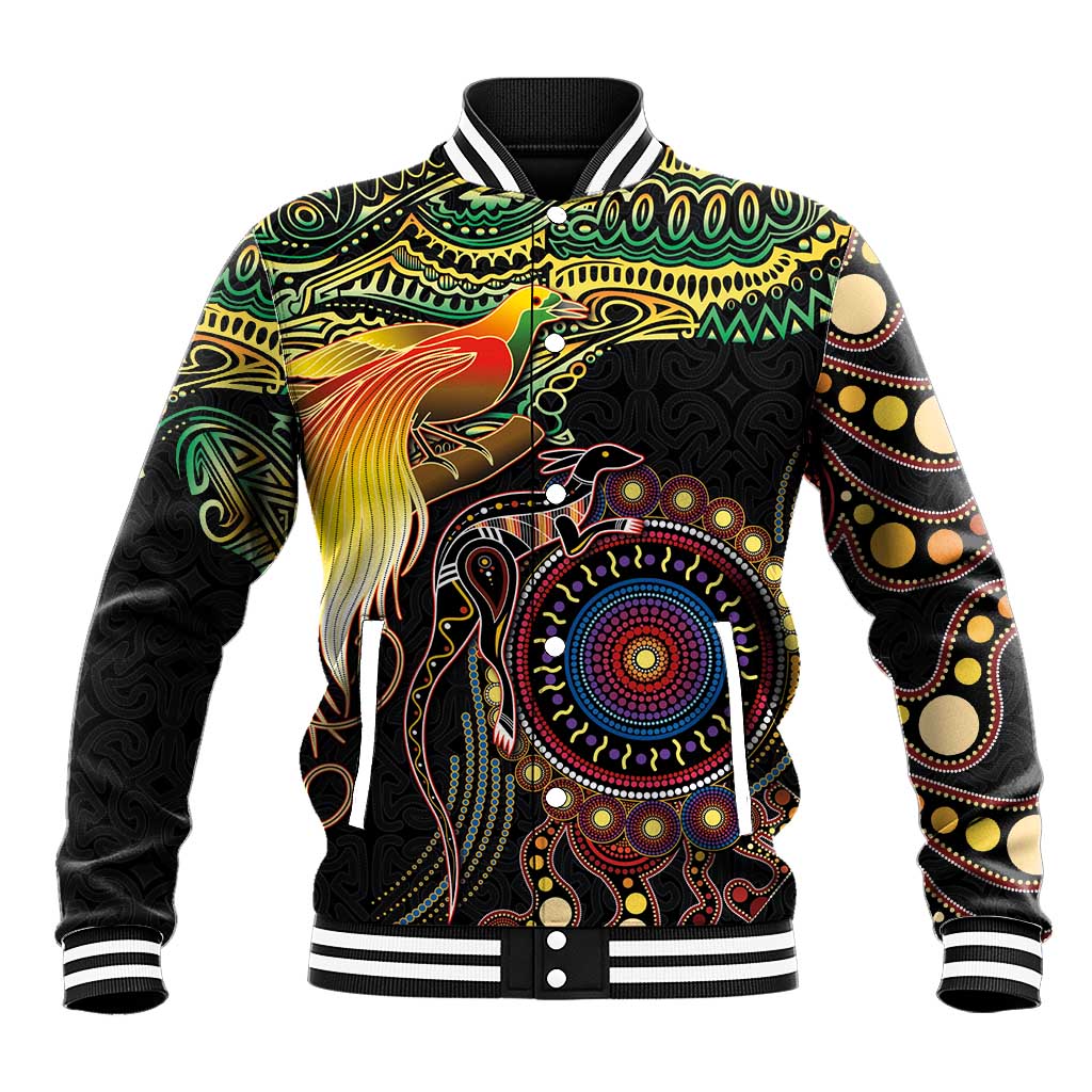 Papua New Guinea and Australia Together Baseball Jacket Bird of Paradise and Kangaroo Melanesian Aboriginal Motifs LT03 Unisex Black - Polynesian Pride
