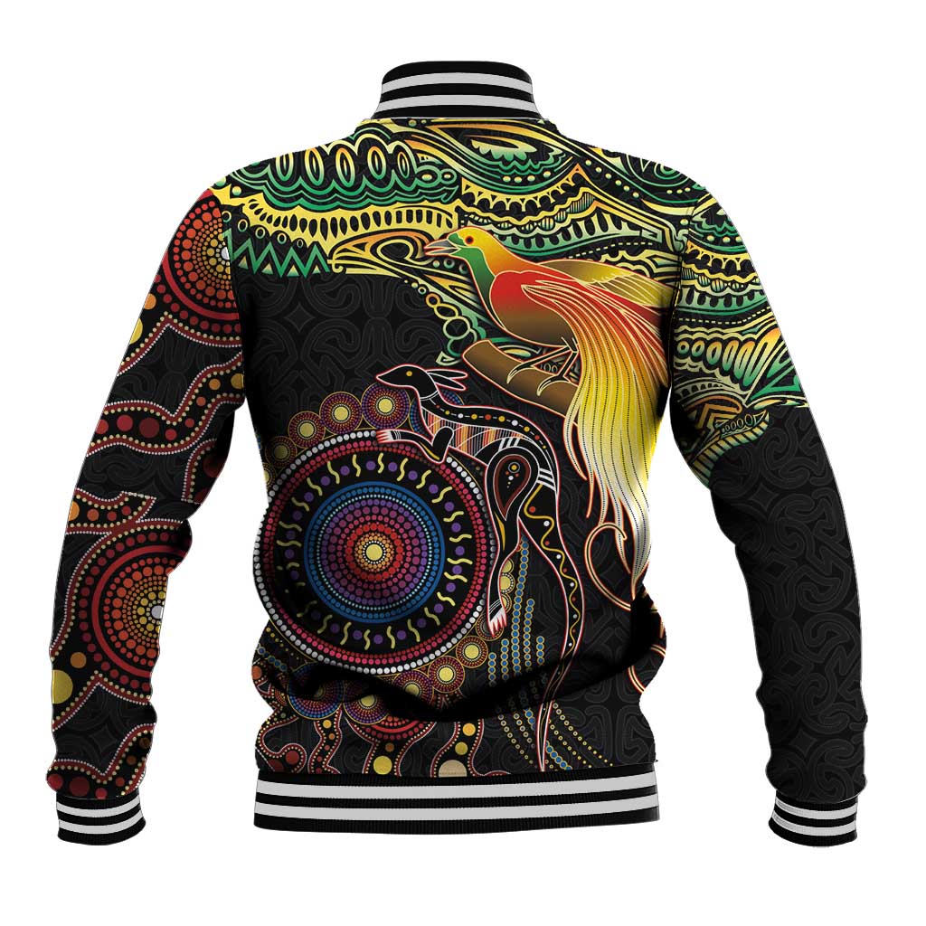 Papua New Guinea and Australia Together Baseball Jacket Bird of Paradise and Kangaroo Melanesian Aboriginal Motifs LT03 - Polynesian Pride