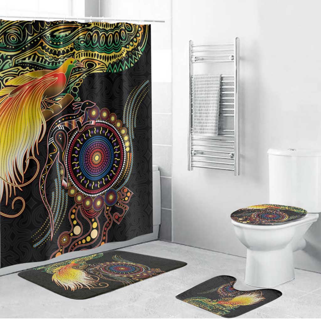 Papua New Guinea and Australia Together Bathroom Set Bird of Paradise and Kangaroo Melanesian Aboriginal Motifs LT03 Bathroom Set (4 pcs) Black - Polynesian Pride