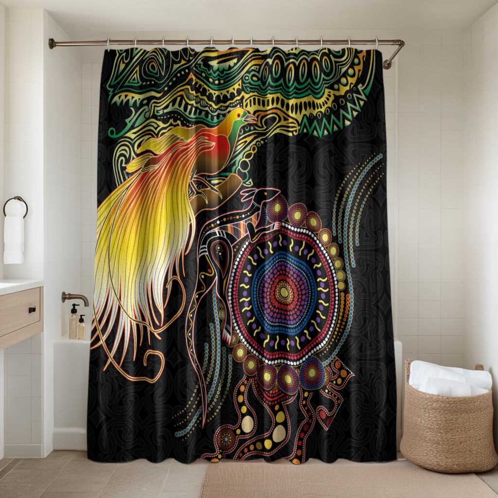 Papua New Guinea and Australia Together Bathroom Set Bird of Paradise and Kangaroo Melanesian Aboriginal Motifs LT03 Shower Curtain Only Black - Polynesian Pride