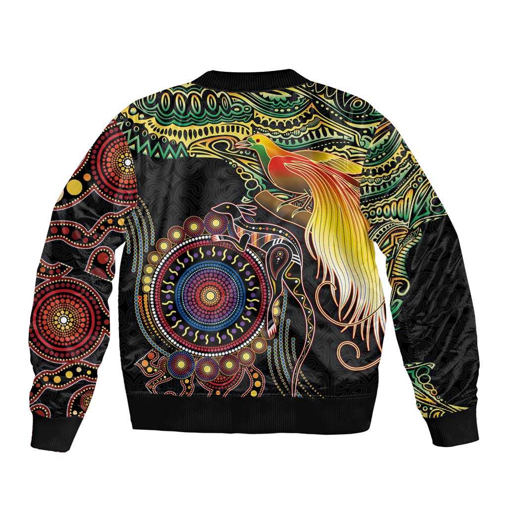 Papua New Guinea and Australia Together Bomber Jacket Bird of Paradise and Kangaroo Melanesian Aboriginal Motifs LT03 - Polynesian Pride