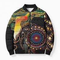 Papua New Guinea and Australia Together Bomber Puffer Jacket Bird of Paradise and Kangaroo Melanesian Aboriginal Motifs LT03 Unisex Black - Polynesian Pride
