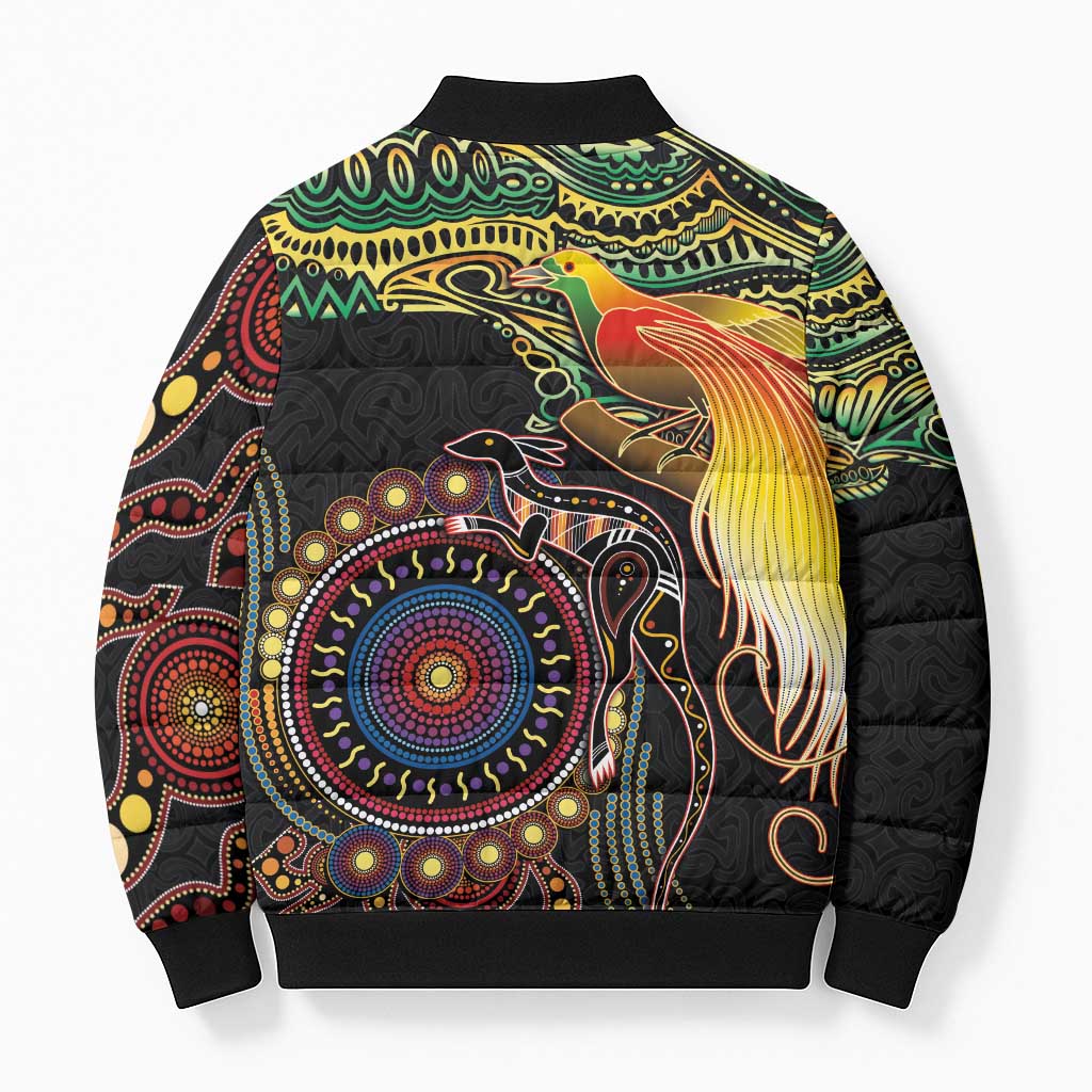 Papua New Guinea and Australia Together Bomber Puffer Jacket Bird of Paradise and Kangaroo Melanesian Aboriginal Motifs LT03 - Polynesian Pride