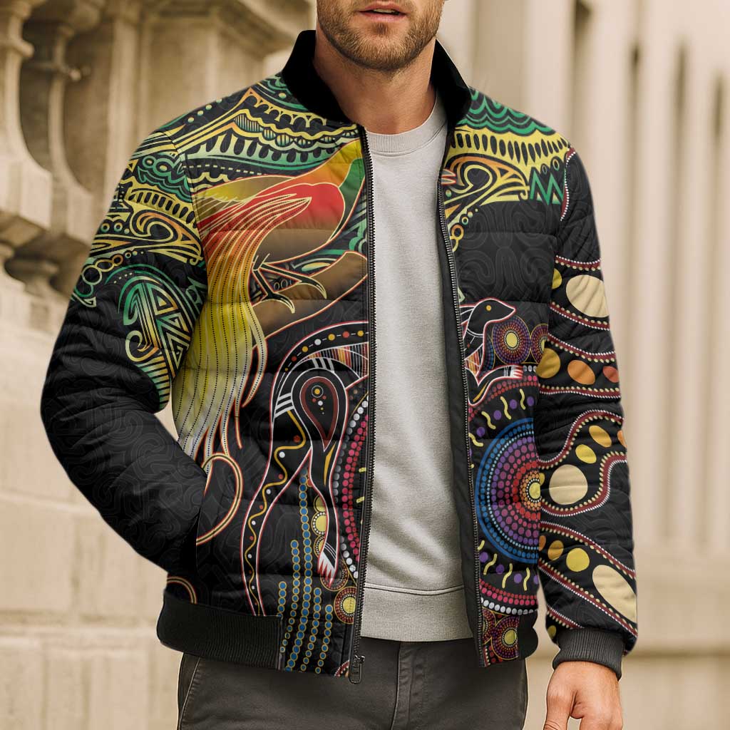 Papua New Guinea and Australia Together Bomber Puffer Jacket Bird of Paradise and Kangaroo Melanesian Aboriginal Motifs LT03 - Polynesian Pride