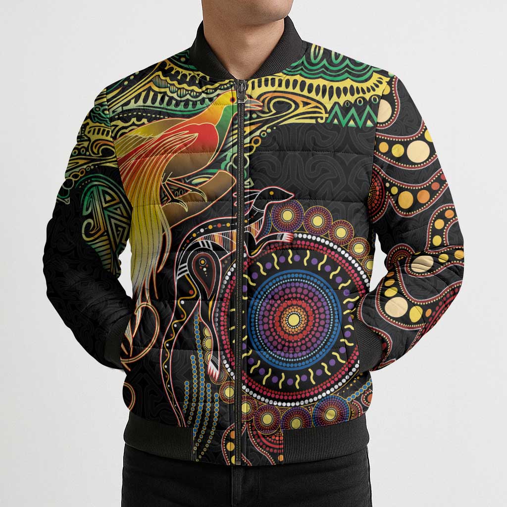Papua New Guinea and Australia Together Bomber Puffer Jacket Bird of Paradise and Kangaroo Melanesian Aboriginal Motifs LT03 - Polynesian Pride