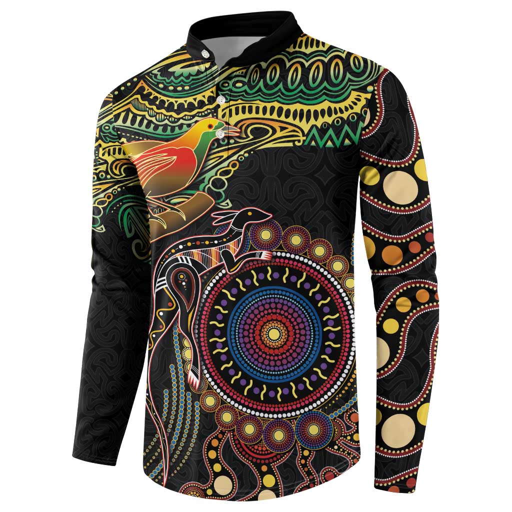 Papua New Guinea and Australia Together Button Sweatshirt Bird of Paradise and Kangaroo Melanesian Aboriginal Motifs - Polynesian Pride