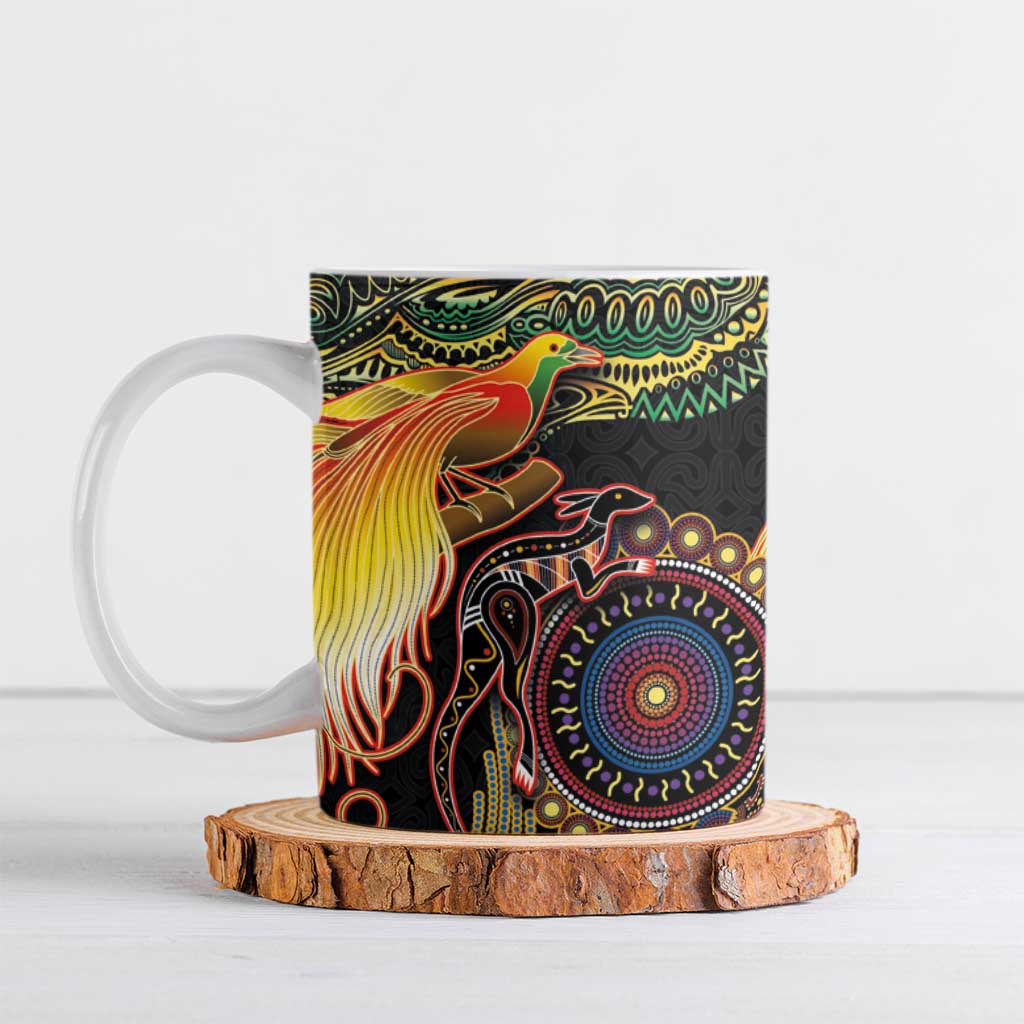 Papua New Guinea and Australia Together Ceramic Mug Bird of Paradise and Kangaroo Melanesian Aboriginal Motifs LT03 Black - Polynesian Pride