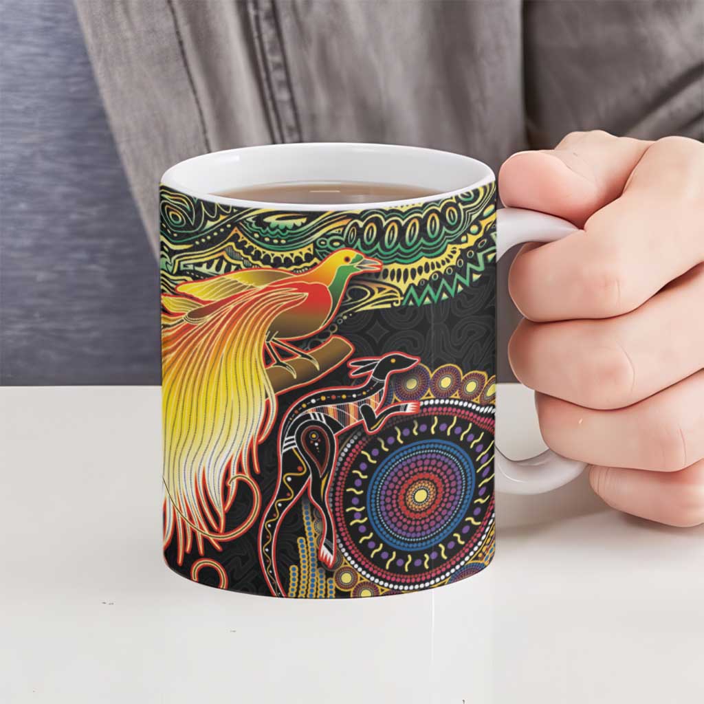 Papua New Guinea and Australia Together Ceramic Mug Bird of Paradise and Kangaroo Melanesian Aboriginal Motifs LT03 - Polynesian Pride