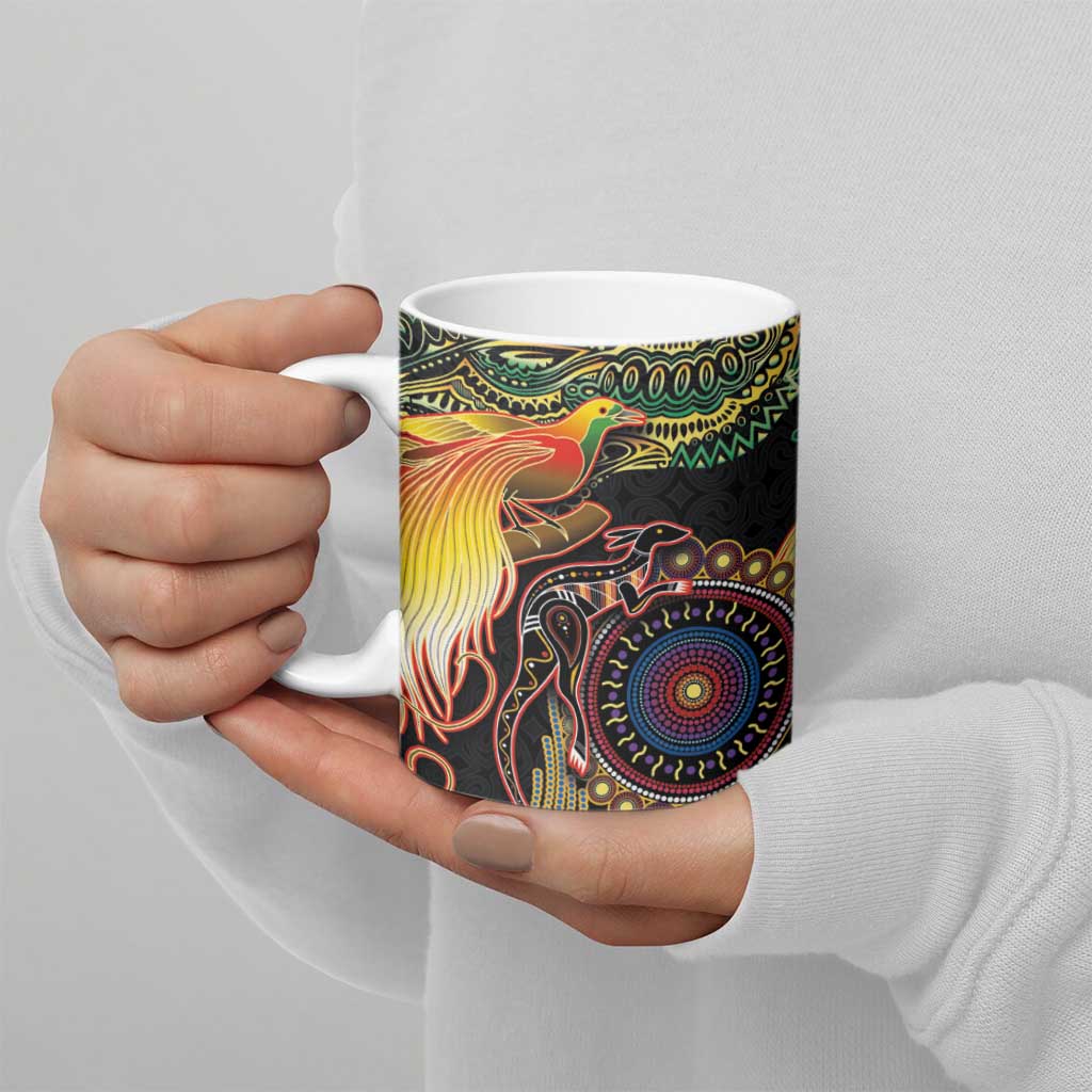 Papua New Guinea and Australia Together Ceramic Mug Bird of Paradise and Kangaroo Melanesian Aboriginal Motifs LT03 - Polynesian Pride