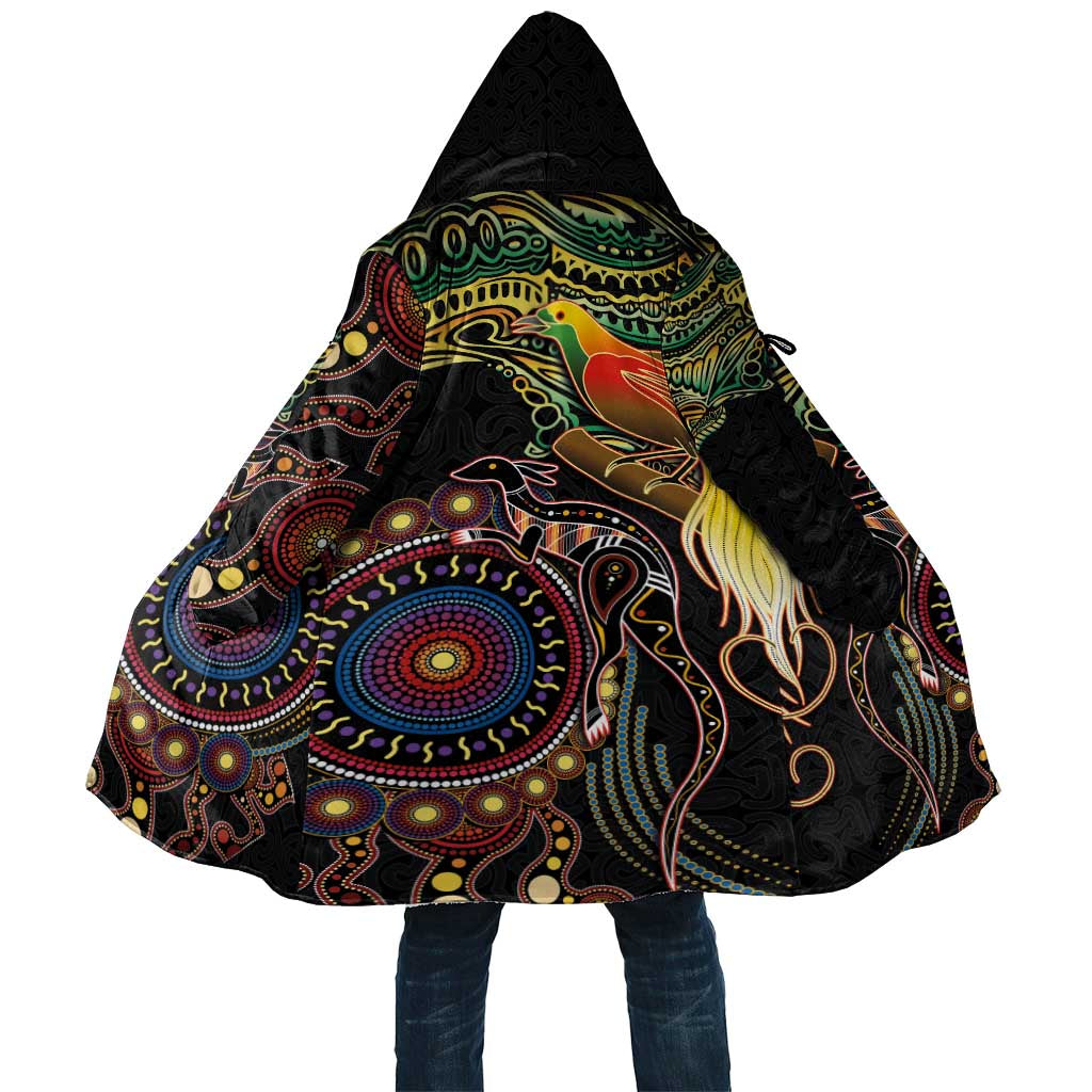 Papua New Guinea and Australia Together Cloak Bird of Paradise and Kangaroo Melanesian Aboriginal Motifs LT03 Unisex Black - Polynesian Pride