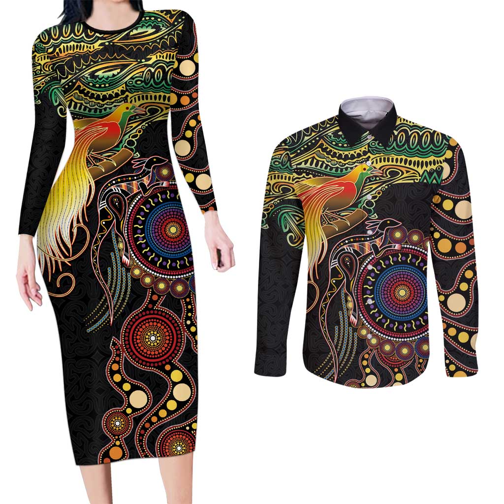Papua New Guinea and Australia Together Couples Matching Long Sleeve Bodycon Dress and Long Sleeve Button Shirt Bird of Paradise and Kangaroo Melanesian Aboriginal Motifs - Polynesian Pride