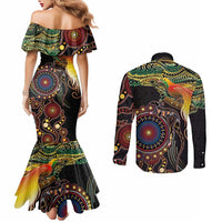 Papua New Guinea and Australia Together Couples Matching Mermaid Dress and Long Sleeve Button Shirt Bird of Paradise and Kangaroo Melanesian Aboriginal Motifs - Polynesian Pride