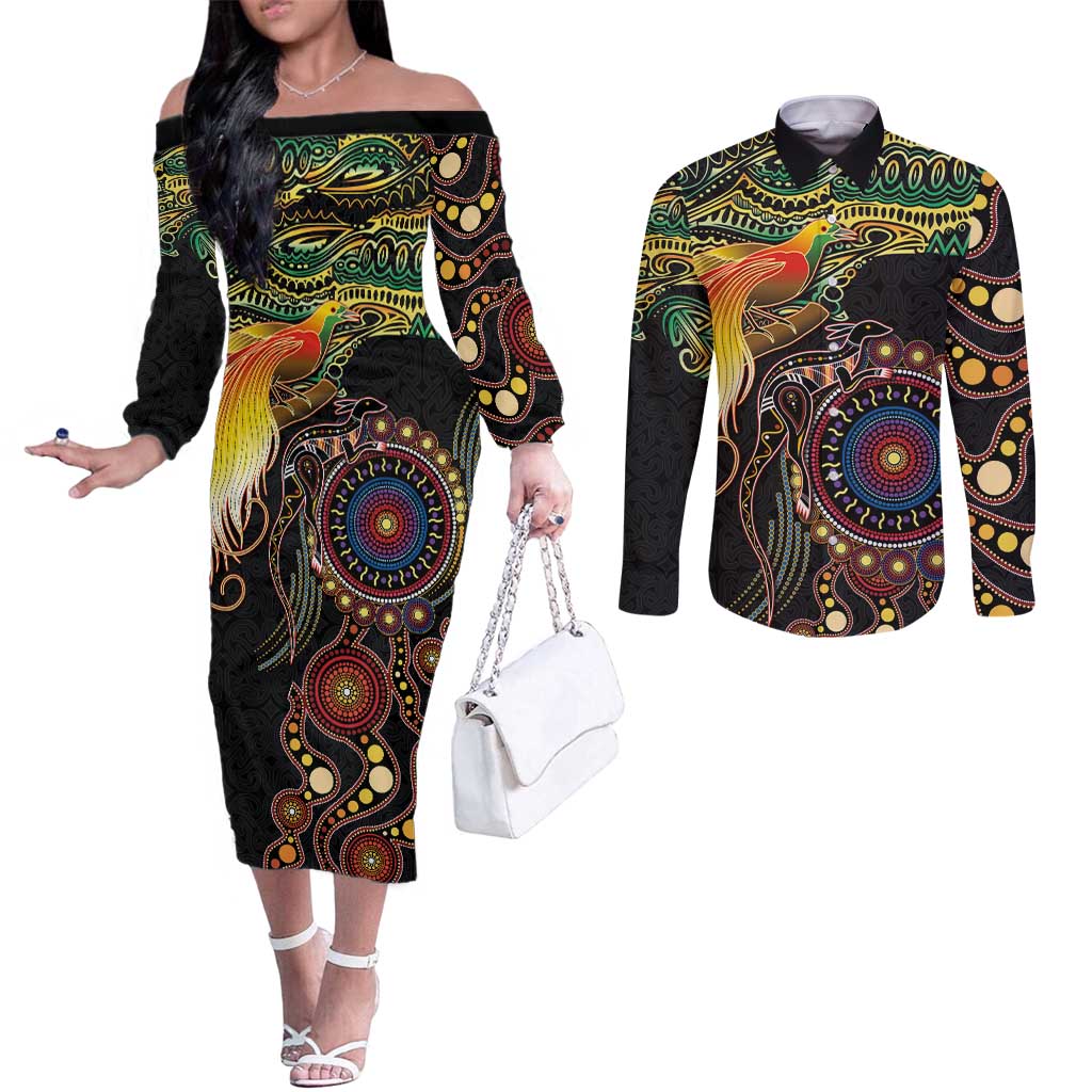 Papua New Guinea and Australia Together Couples Matching Off The Shoulder Long Sleeve Dress and Long Sleeve Button Shirt Bird of Paradise and Kangaroo Melanesian Aboriginal Motifs - Polynesian Pride