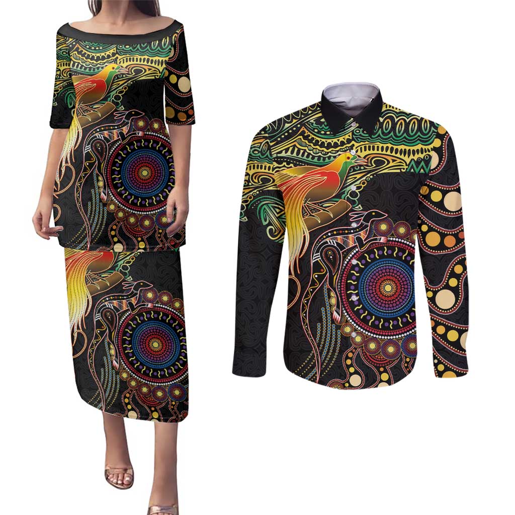 Papua New Guinea and Australia Together Couples Matching Puletasi and Long Sleeve Button Shirt Bird of Paradise and Kangaroo Melanesian Aboriginal Motifs - Polynesian Pride