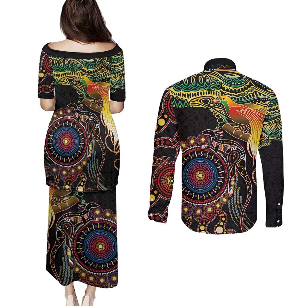 Papua New Guinea and Australia Together Couples Matching Puletasi and Long Sleeve Button Shirt Bird of Paradise and Kangaroo Melanesian Aboriginal Motifs - Polynesian Pride