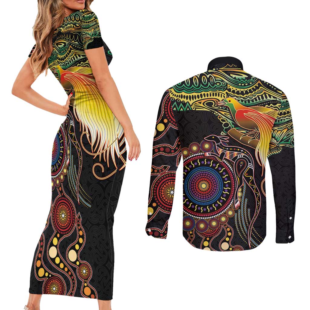 Papua New Guinea and Australia Together Couples Matching Short Sleeve Bodycon Dress and Long Sleeve Button Shirt Bird of Paradise and Kangaroo Melanesian Aboriginal Motifs - Polynesian Pride